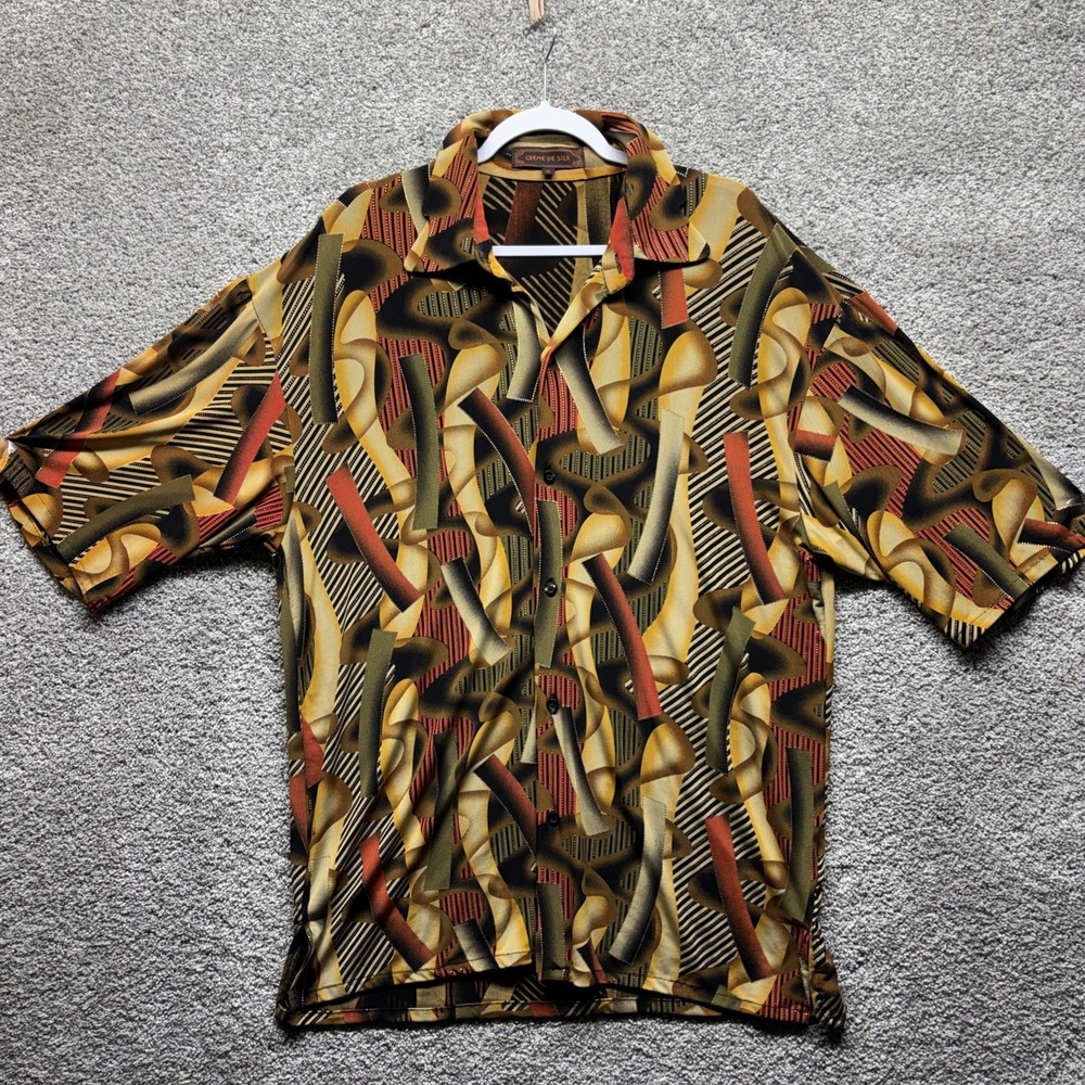Vintage Creme De Silk Shirt Mens MEDIUM Abstract Art ColorBlock Metallic Button‎